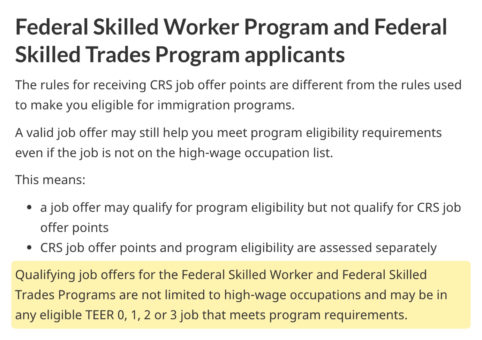 IRCC 官网截图:Qualifying job offers for the Federal Skilled Worker and Federal Skilled Trades Programs are not limited to high-wage occupations and may be in any eligible TEER 0, 1, 2 or 3 job that meets program requirements.